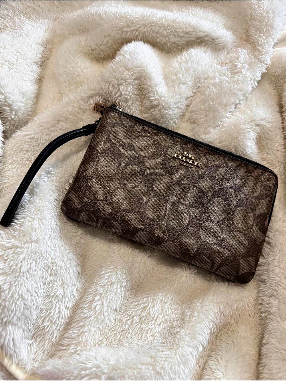 Coach Double Corner Zip Wristlet In Signature Canvas Brown & Black